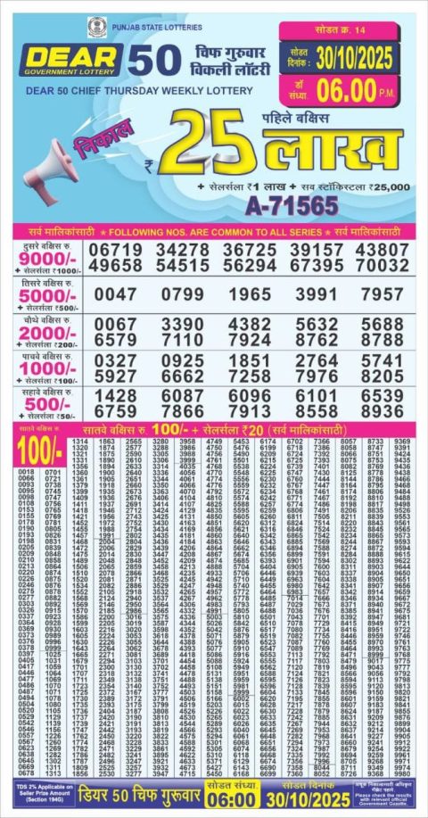 Punjab State Dear 50 Chief Thursday Weekly Lottery Result 30/10/25