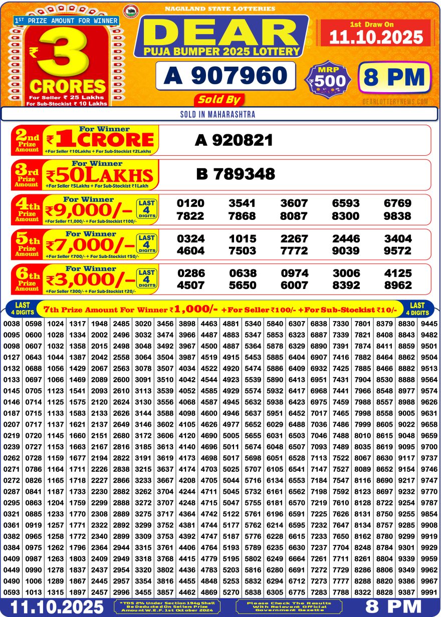 Dear Puja Bumper 2025 Result Today Nagaland State