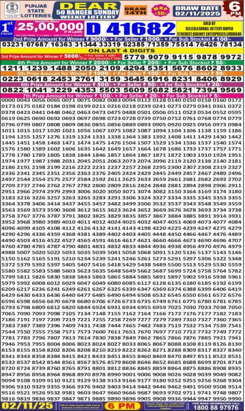 Punjab State Dear 50 Ranger Sunday Weekly Lottery Result 02/11/25