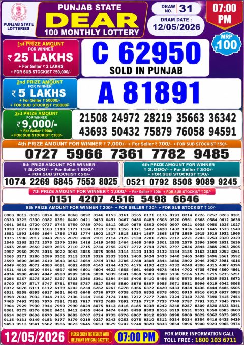 Punjab State Dear 100 Monthly Lottery Result 12/05/26