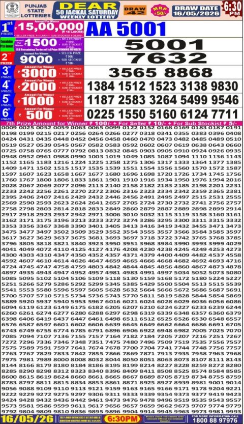 Punjab State Dear 50 Jackal Saturday Weekly Lottery Result 16/05/26