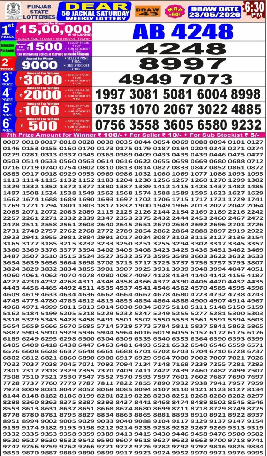 Punjab State Dear 50 Jackal Saturday Weekly Lottery Result 23/05/26