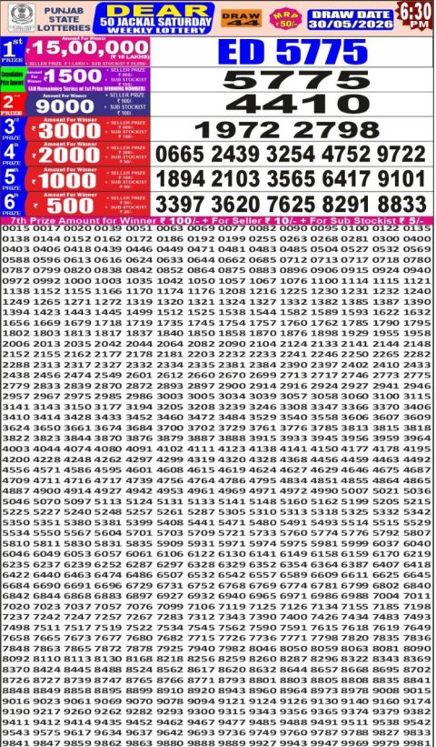 Punjab State Dear 50 Jackal Saturday Weekly Lottery Result 30/05/26