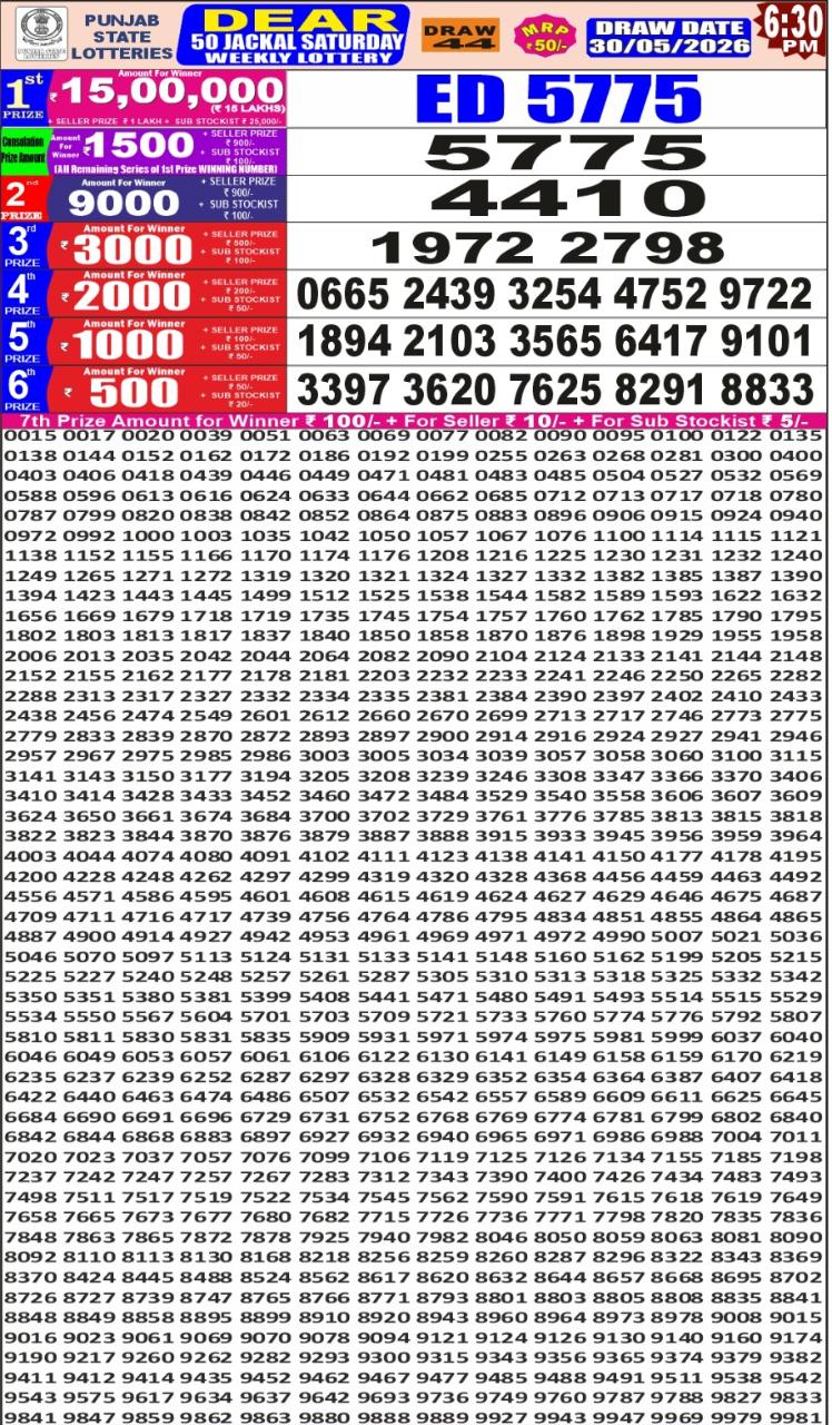 Punjab State Dear 50 Jackal Saturday Weekly Lottery Result 30/05/26