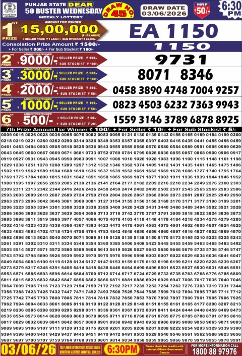 Punjab State Dear 50 Buster Wednesday Weekly Lottery Result 03/06/26