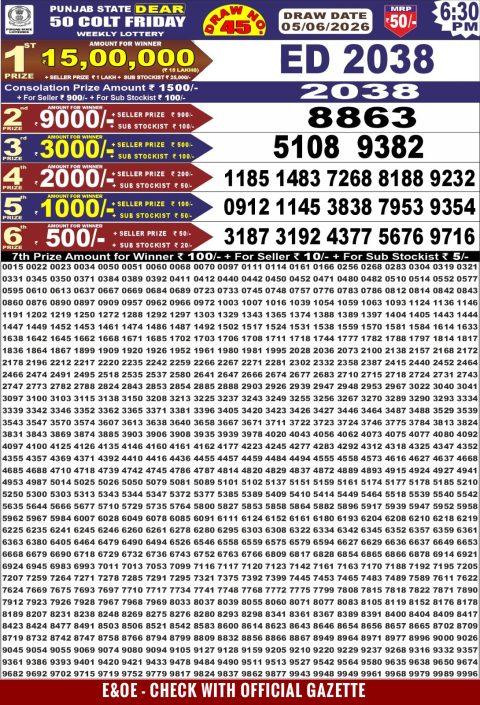 Punjab State Dear 50 Colt Friday Weekly Lottery Result 05/06/26