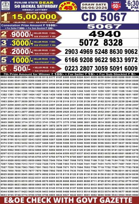Punjab State Dear 50 Jackal Saturday Weekly Lottery Result 06/06/26