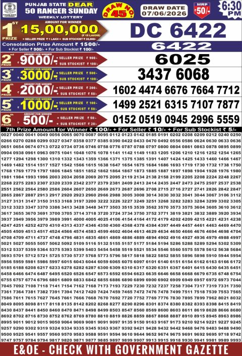 Punjab State Dear 50 Ranger Sunday Weekly Lottery Result 07/06/26