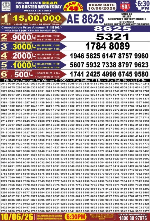 Punjab State Dear 50 Buster Wednesday Weekly Lottery Result 10/06/26