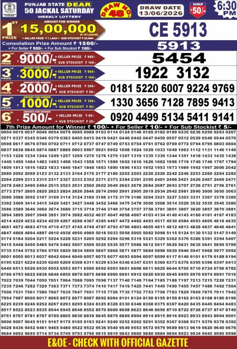 Punjab State Dear 50 Jackal Saturday Weekly Lottery Result 13/06/26