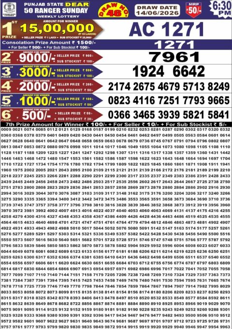 Punjab State Dear 50 Ranger Sunday Weekly Lottery Result 14/06/26