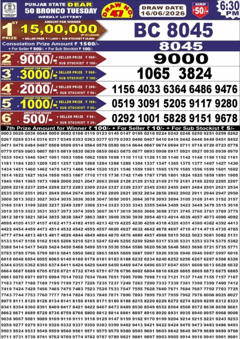 Punjab State Dear 50 Bronco Tuesday Weekly Lottery Result 16/06/26