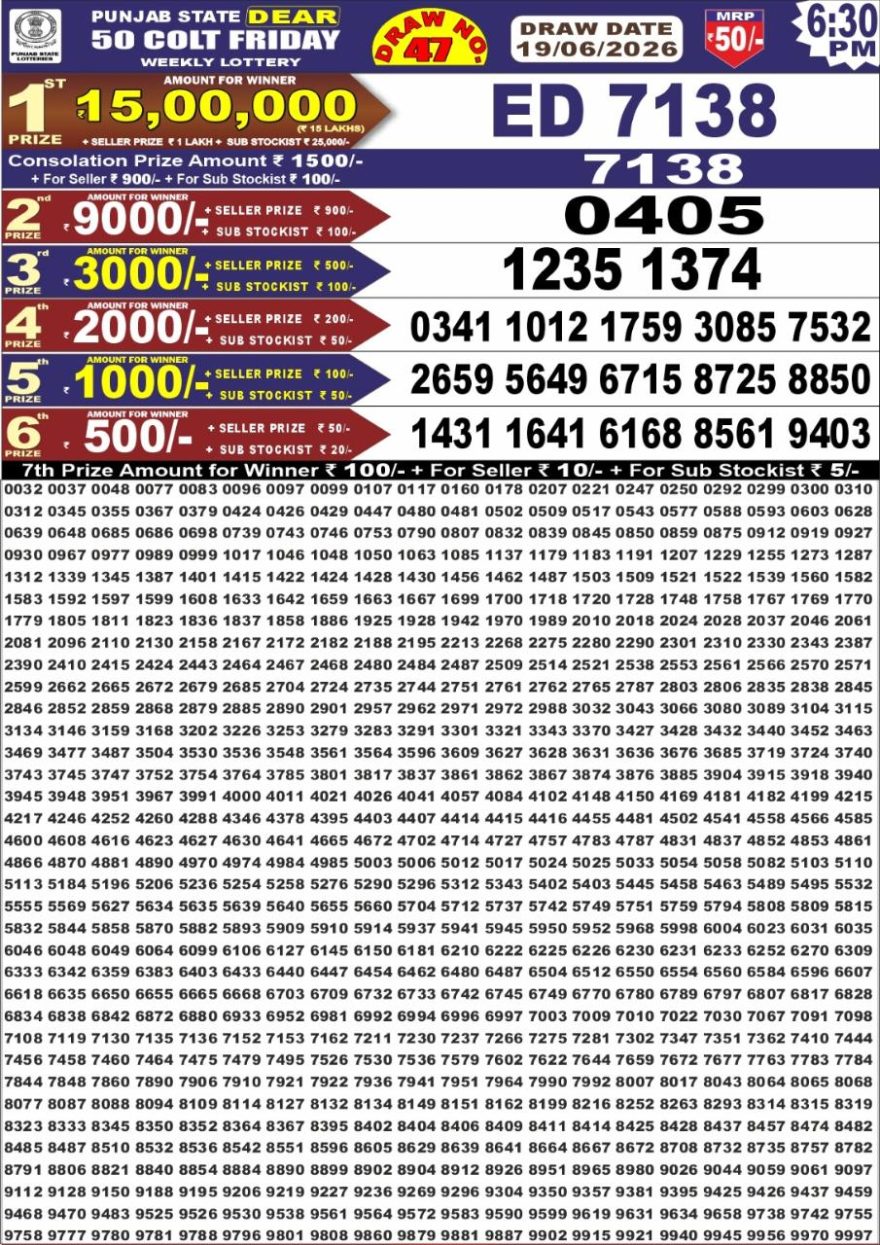 Punjab State Dear 50 Colt Friday Weekly Lottery Result 19/06/26