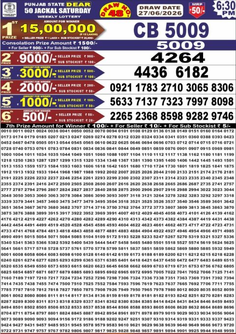 Punjab State Dear 50 Jackal Saturday Weekly Lottery Result 27/06/26