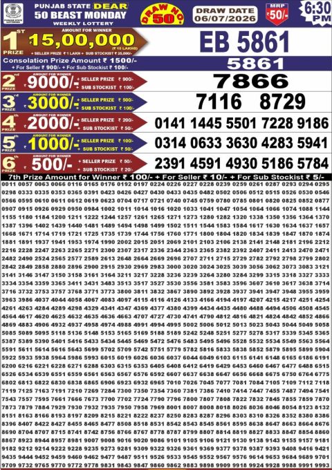 Punjab State Dear 50 Beast Monday Weekly Lottery Result 06/07/26