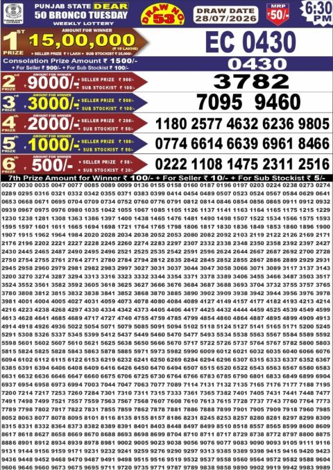Punjab State Dear 50 Bronco Tuesday Weekly Lottery Result 28/07/26