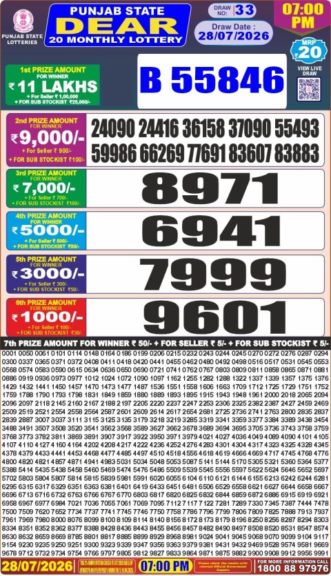 Punjab State 20 Monthly Lottery Result 28/07/26
