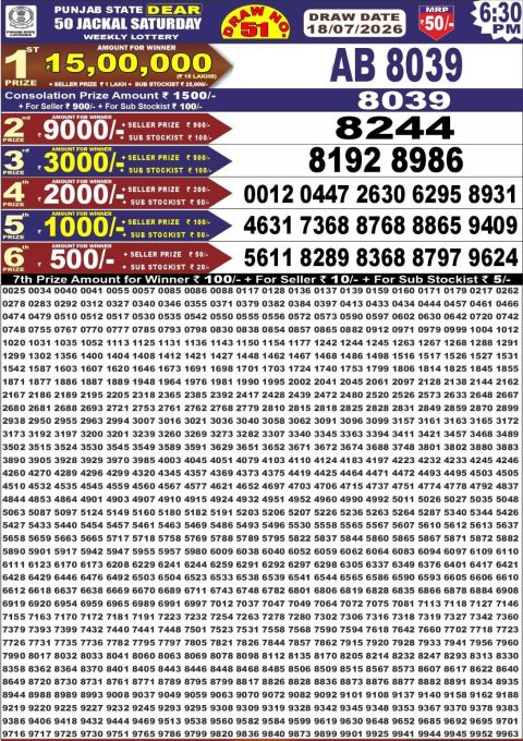 Punjab State Dear 50 Jackal Saturday Weekly Lottery Result 18/07/26