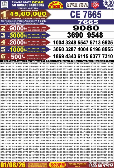 Punjab State Dear 50 Jackal Saturday Weekly Lottery Result 01/08/26
