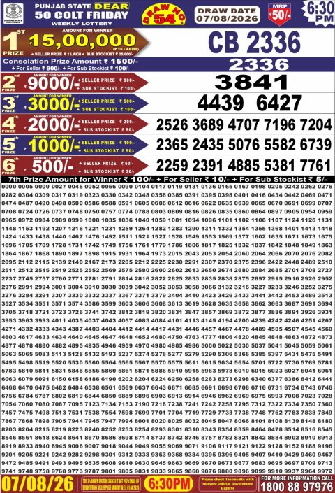 Punjab State Dear 50 Colt Friday Weekly Lottery Result 07/08/26