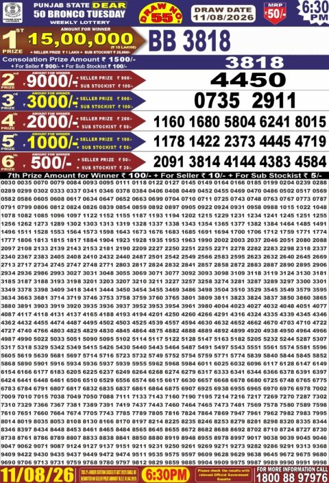 Punjab State Dear 50 Bronco Tuesday Weekly Lottery Result 11/08/26