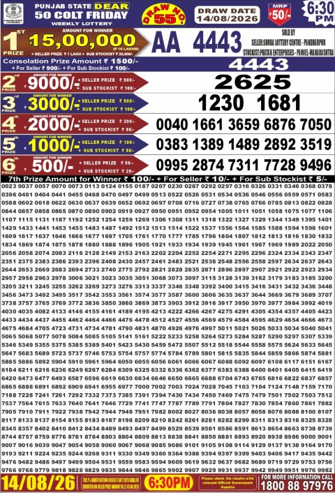 Punjab State Dear 50 Colt Friday Weekly Lottery Result 14/08/26