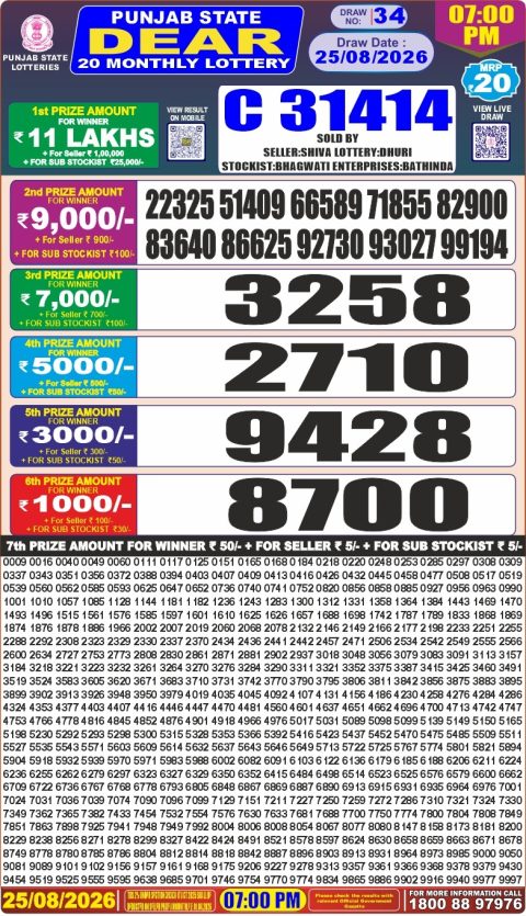 Punjab State Dear 20 Monthly Lottery Result 25/08/26