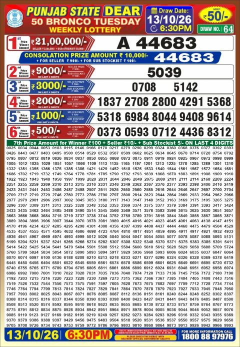 Punjab State Dear 50 Bronco Tuesday Weekly Lottery Result 13/10/26